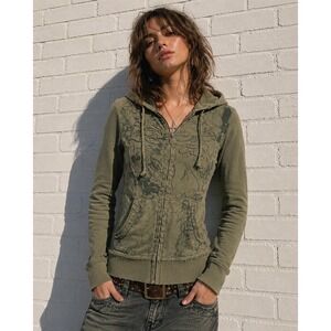 Vintage BCBG‎ Green Cotton Zip Hoodie Graphic Y2K Fairy Grunge Size L